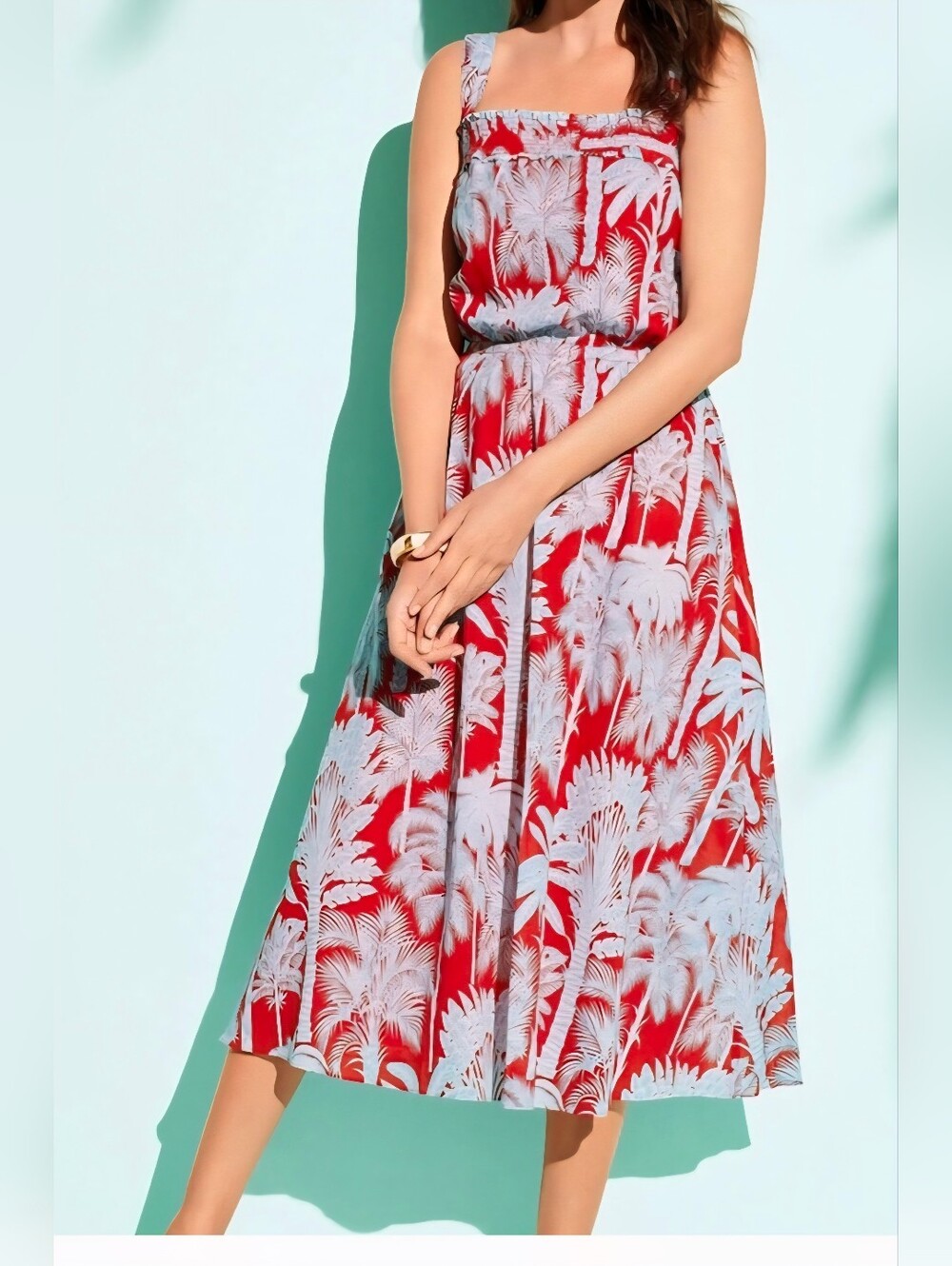 Talbots Oasis Palm Tree Print Fit/Flare Midi Dress Size 6 Red Blue Resortwear